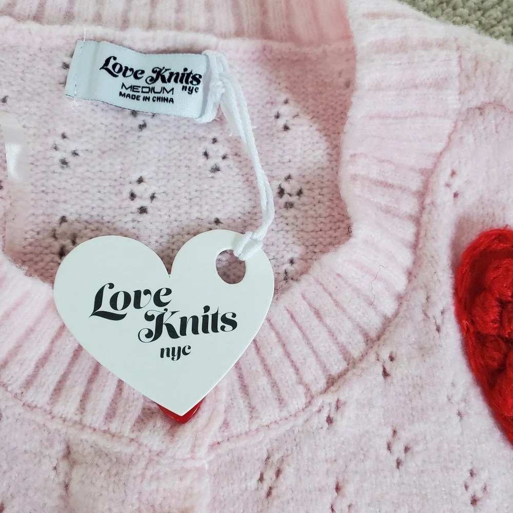 Love Knits Cardigan Girls Medium Pink Heart Applique Pointelle Knit Sweater NWTG